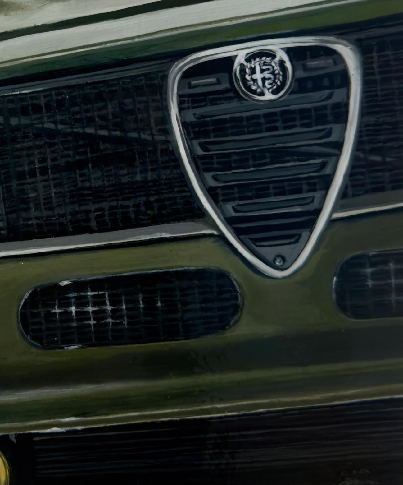 Pintura original de un clásico Alfa Romeo Giulia GT modificado en clave restmod. Arte automotriz pintado en acrílico sobre papel Canson Figueras montado sobre tabla de madera, destacando el icónico frontal y escudo del vehículo. Obra única.