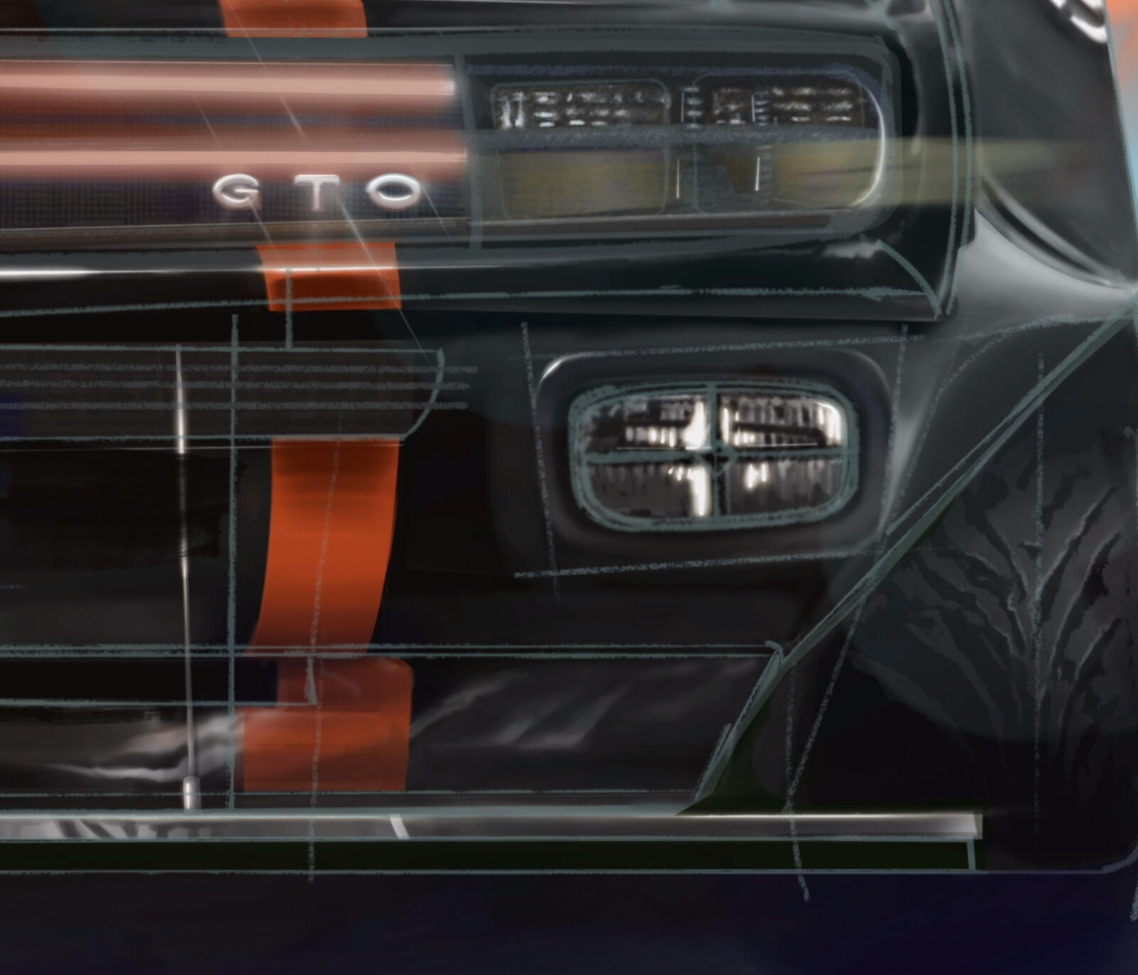 Pintura digital de un icónico GTO clásico modificado con un agresivo body kit americano de ensanche, obra artística de Isaac Núñez, edición limitada fine art