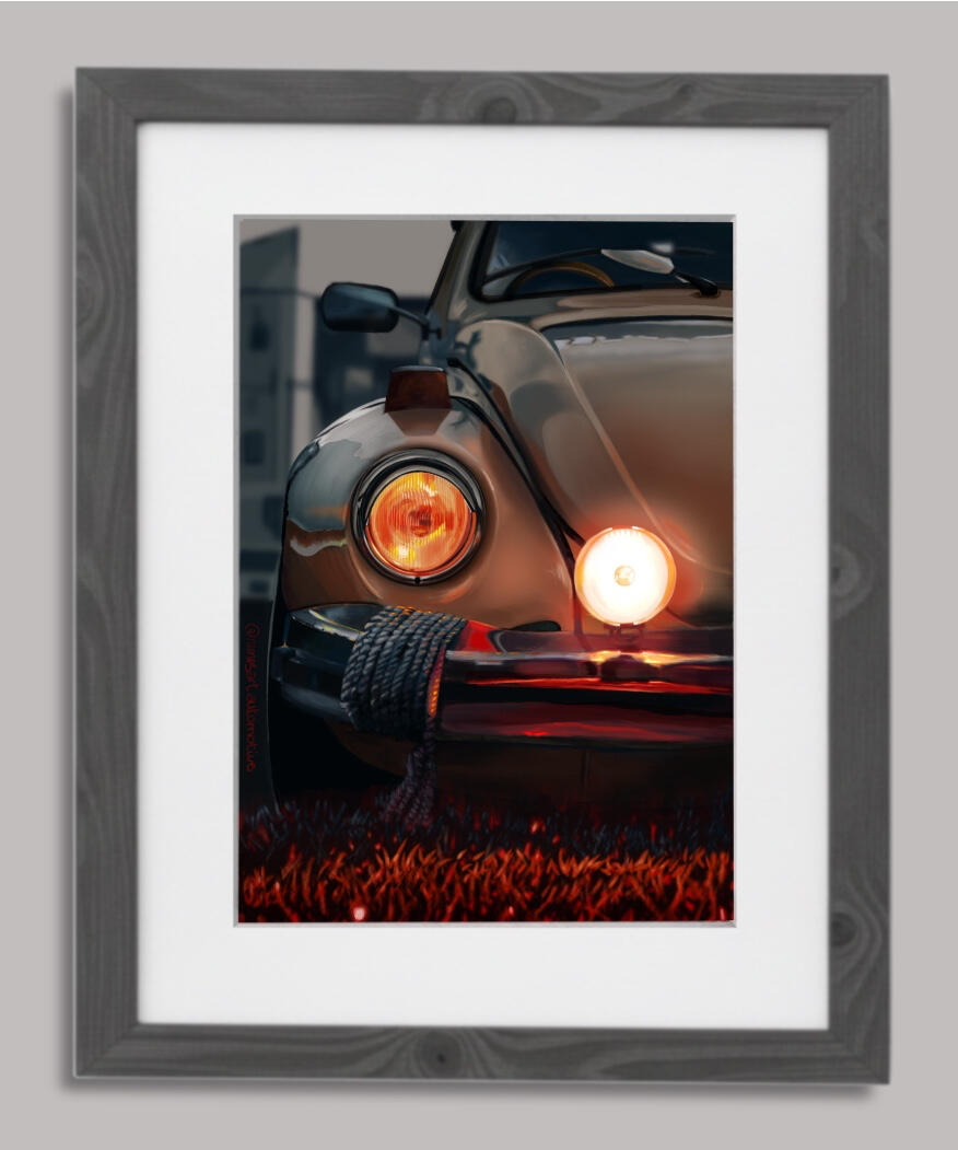 Pintura digital de un Volkswagen Beetle clásico, obra artística de Isaac Núñez, edición limitada fine art