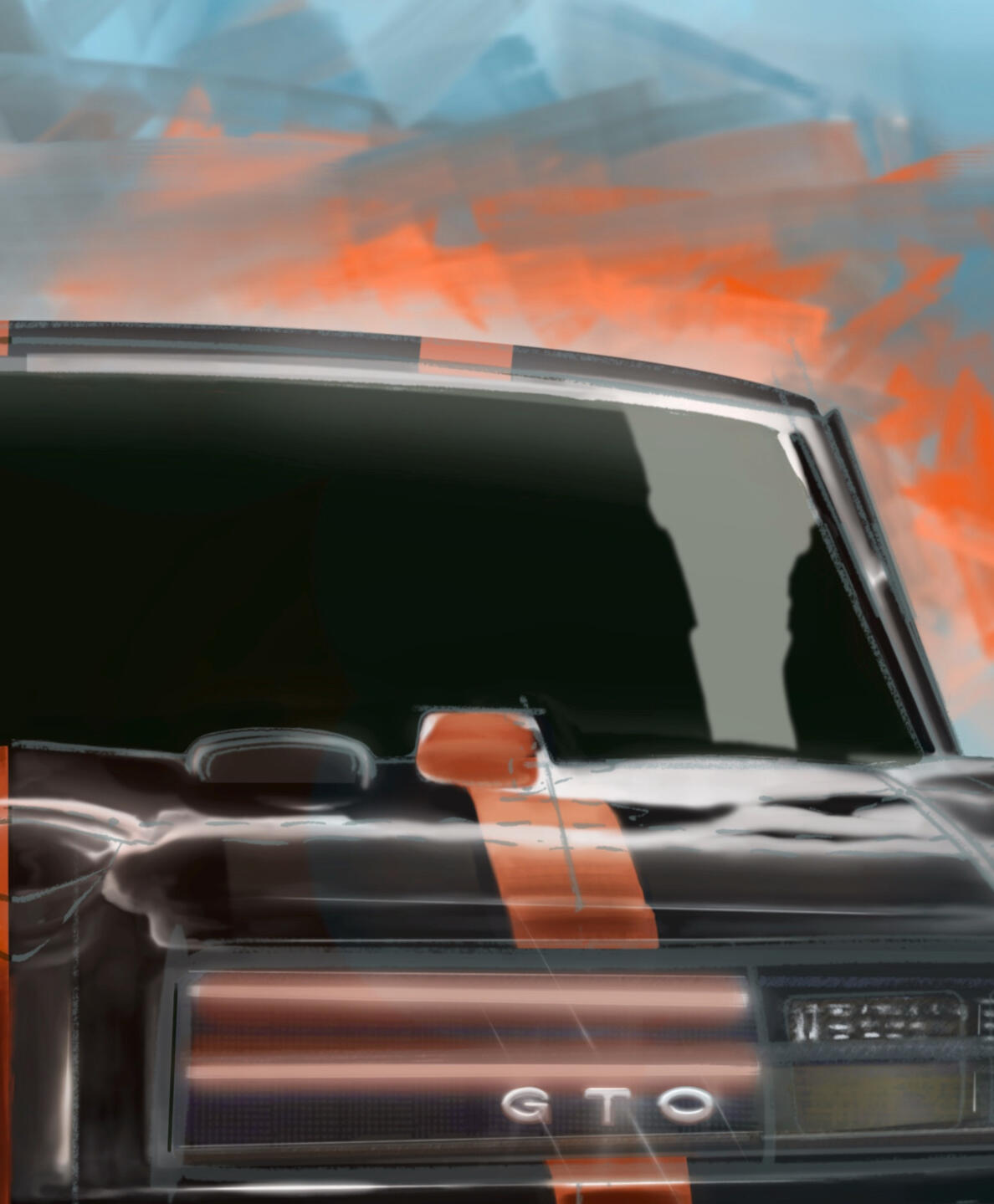 Pintura digital de un icónico GTO clásico modificado con un agresivo body kit americano de ensanche, obra artística de Isaac Núñez, edición limitada fine art