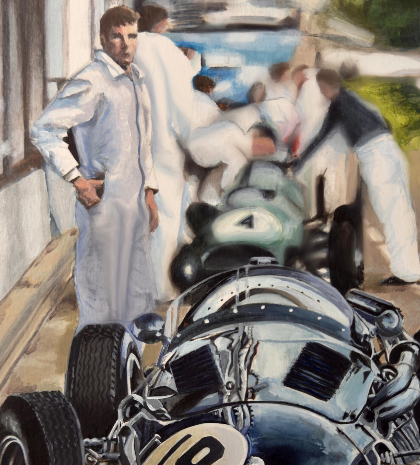 Pintura acrílica de un Maserati 250F de Fórmula 1 (años 50). Escena de pit stop con mecánicos y el monoplaza dorsal 9. Obra de Isaac Núñez.