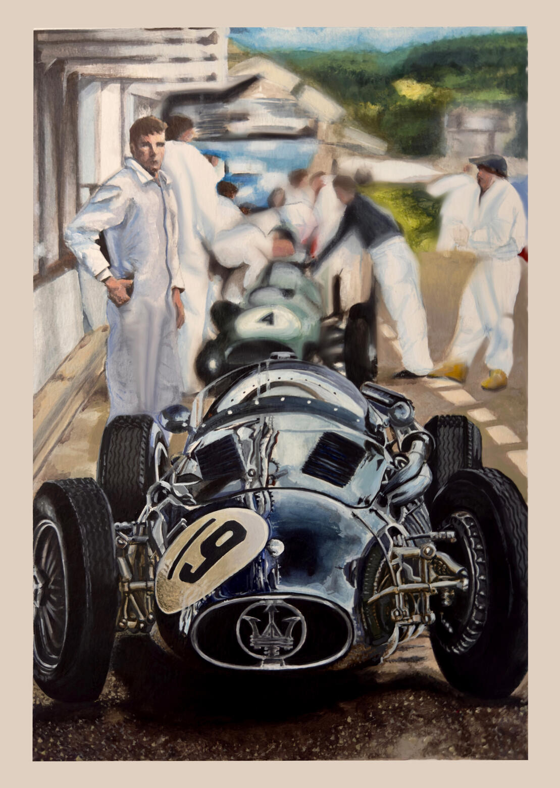 Cuadro histórico Maserati 250F Fórmula 1 Años 50 - Pit Stop. Pintura en acrílico sobre lienzo (medidas 300x400 mm). Obra original y pieza única. Ediciones Fine Art disponibles.