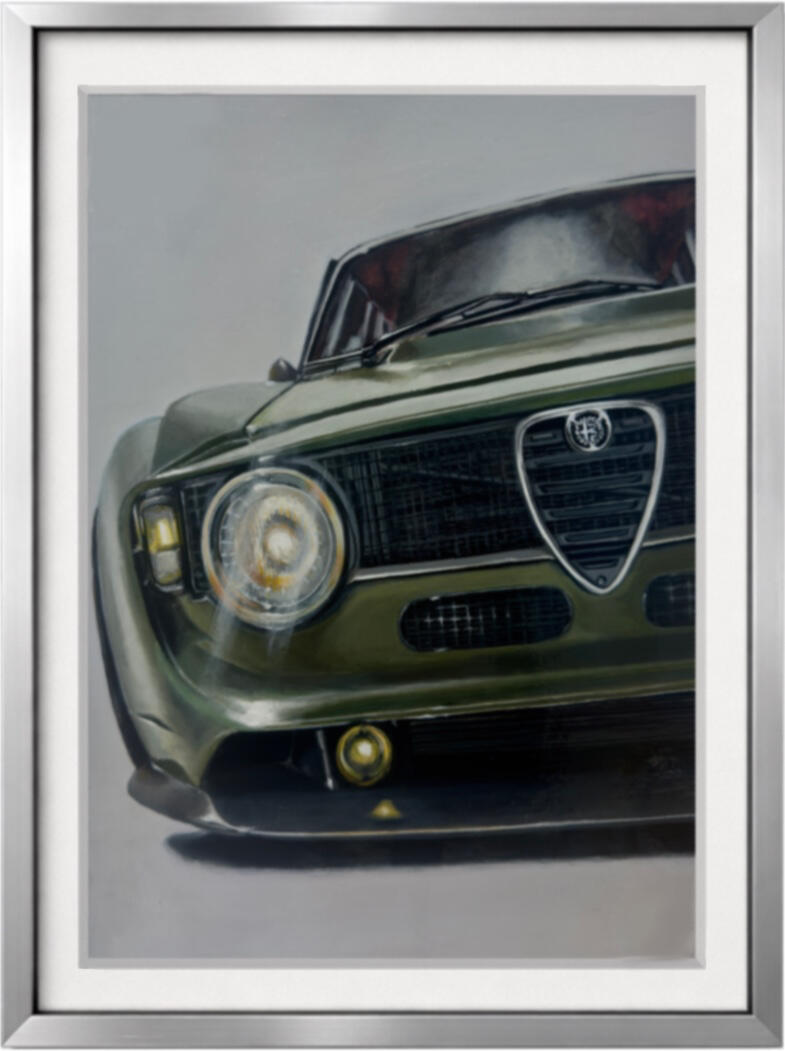 Arte automotriz inspirado en un Alfa Romeo Giulia GT (Tipo 105, 1967) reinterpretado en clave restomod, donde la pureza del diseño italiano de los 60 dialoga con una preparación contemporánea de carácter radical. Frontal icónico con escudo “scudetto”, ópti
