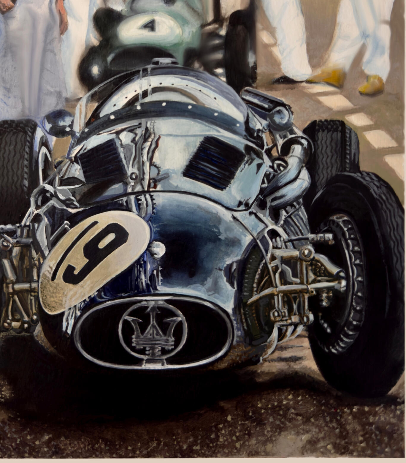 Pintura acrílica de un Maserati 250F de Fórmula 1 (años 50). Escena de pit stop con mecánicos y el monoplaza dorsal 9. Obra de Isaac Núñez.
