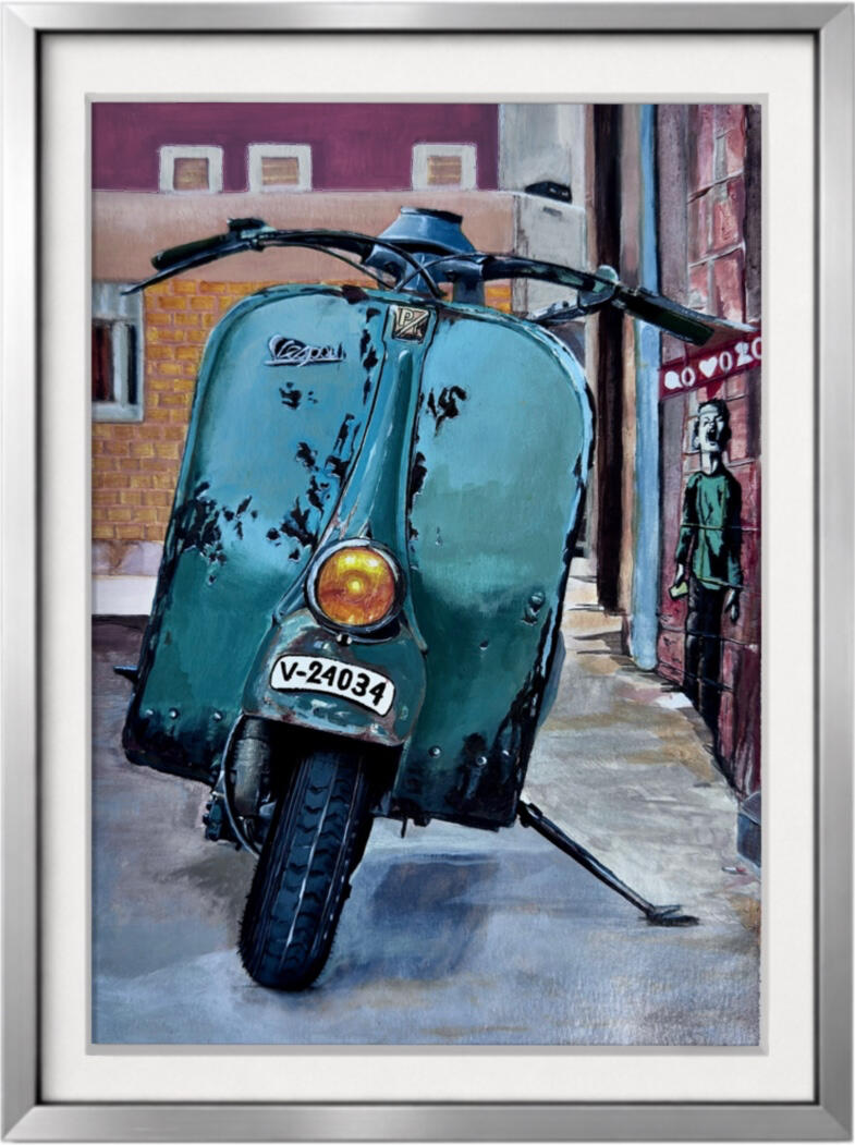 Arte automotriz inspirado en la mítica VESPA 125U, donde lo clásico se encuentra con el deseo contemporáneo. Cultura retro y valorando las huellas del paso de los tiempos, nostalgia visual. Técnica: acrílico sobre lienzo · Formato: 300 × 400 mm
