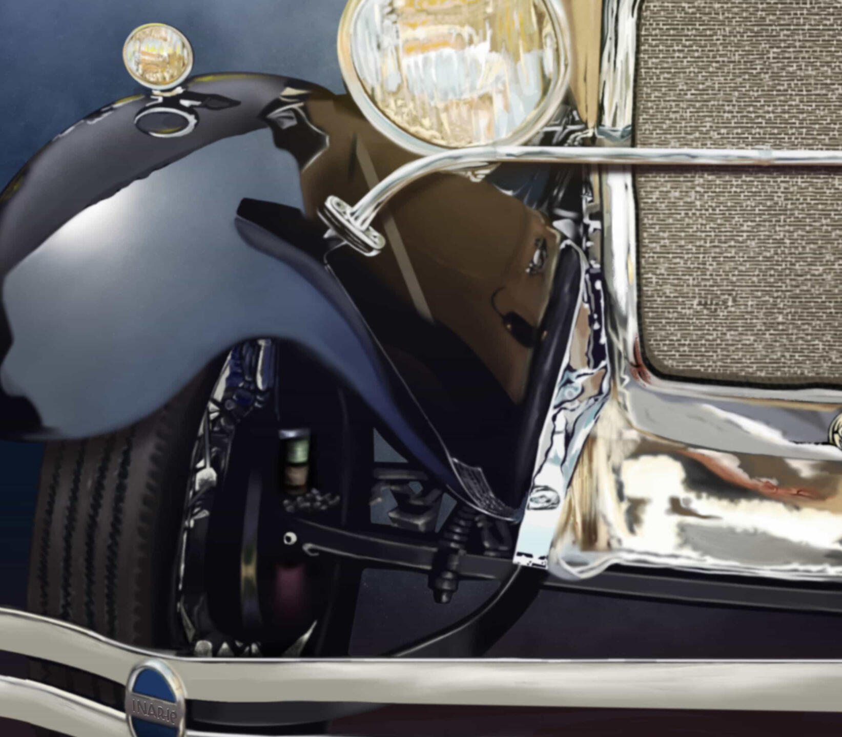 Pintura digital de un Ford Model A clásico americano detalles 01, obra artística de Isaac Núñez, edición limitada fine art