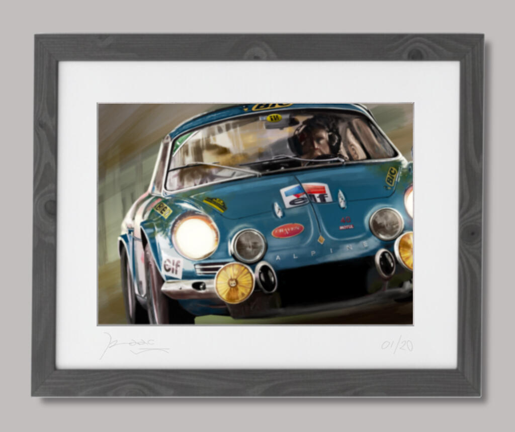 Pintura digital de un Alpine A110 clásico de competición, obra artística de Isaac Núñez, edición limitada fine art