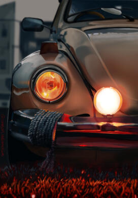 VW Beetle Embers · ¿Por qué me considero retratista automotriz? · Notas de Estudio Detalle de los faros iluminados de un coche clásico en tonos cálidos. Miniatura visual para el artículo sobre retrato automotriz y pintura figurativa realista en el blog del artista Isaac Núñez.