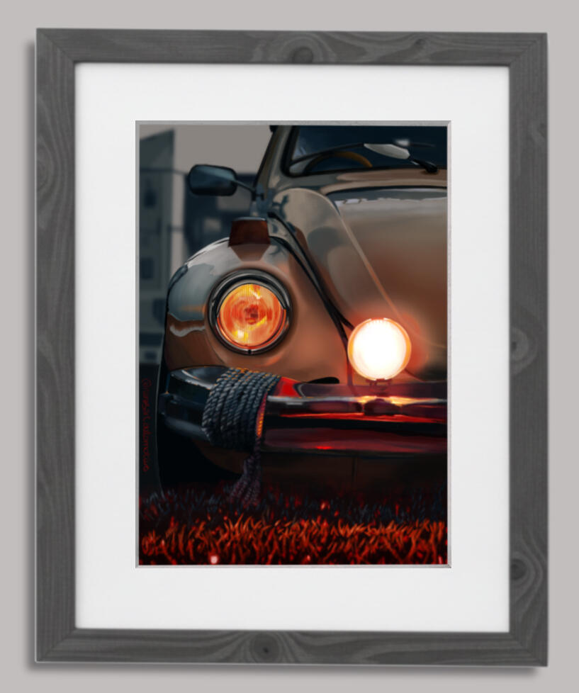 Pintura digital de un Volkswagen Beetle clásico, obra artística de Isaac Núñez, edición limitada fine art