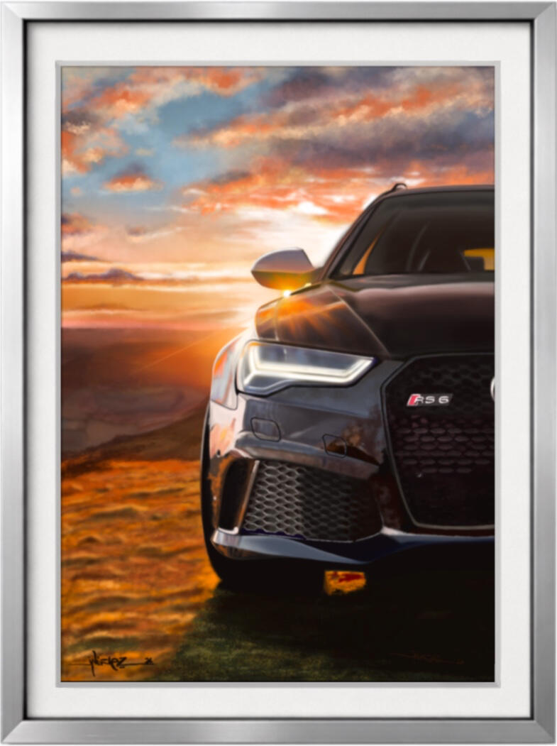 Pintura digital de un Audi RS4 deportivo al atardecer, obra artística de Isaac Núñez, edición limitada fine art