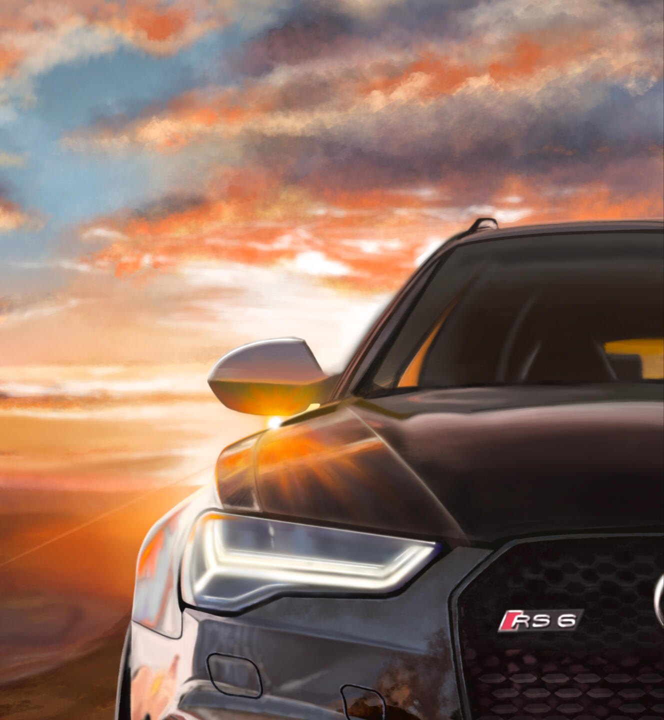 Pintura digital de un Audi RS4 deportivo al atardecer detalles 01, obra artística de Isaac Núñez, edición limitada fine art