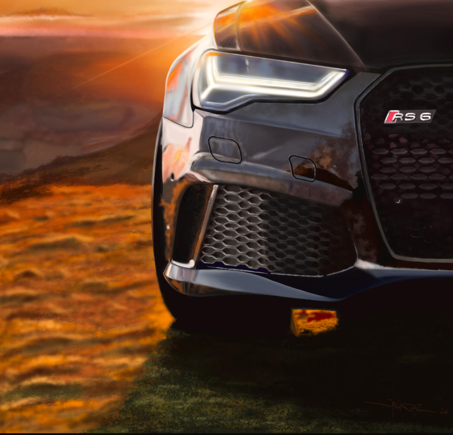 Pintura digital de un Audi RS4 deportivo al atardecer detalles 02, obra artística de Isaac Núñez, edición limitada fine art