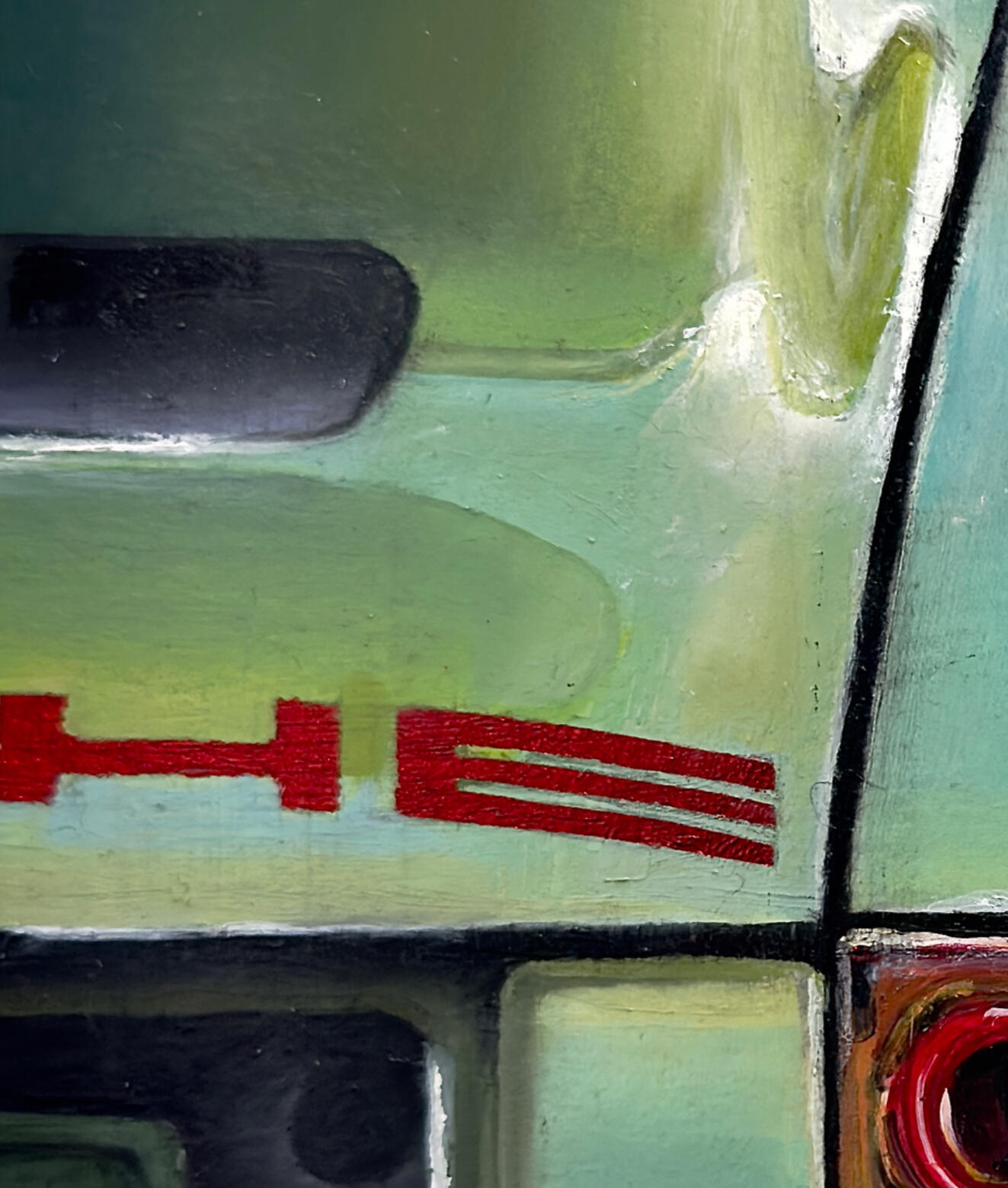 Cuadro de arte automotriz inspirado en un clásico Porsche 911 reimaginado por Singer Vehicle Design en color verde. Pintura detallada de la trasera imponente, pasos de rueda ensanchados, reflejos y escape deportivo modificado en clave restmod.