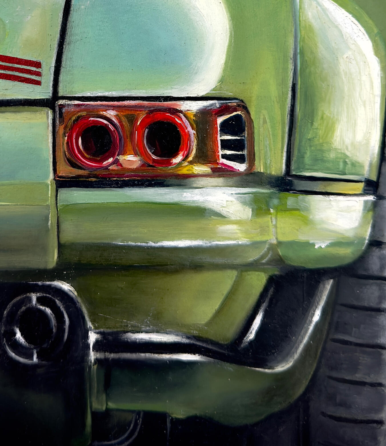 Cuadro de arte automotriz inspirado en un clásico Porsche 911 reimaginado por Singer Vehicle Design en color verde. Pintura detallada de la trasera imponente, pasos de rueda ensanchados, reflejos y escape deportivo modificado en clave restmod.