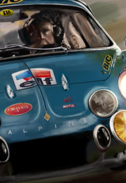 Pintura digital de un clásico Alpine A110 azul. Vista trasera y lateral destacando su diseño aerodinámico, ligereza y herencia de rally. Detalles 01. Obra artística de Isaac Núñez, edición limitada fine art.