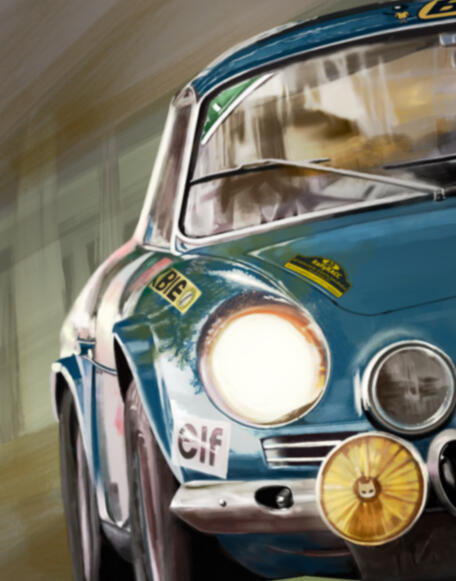 Pintura digital de un clásico Alpine A110 azul. Vista trasera y lateral destacando su diseño aerodinámico, ligereza y herencia de rally. Detalles 02. Obra artística de Isaac Núñez, edición limitada fine art.
