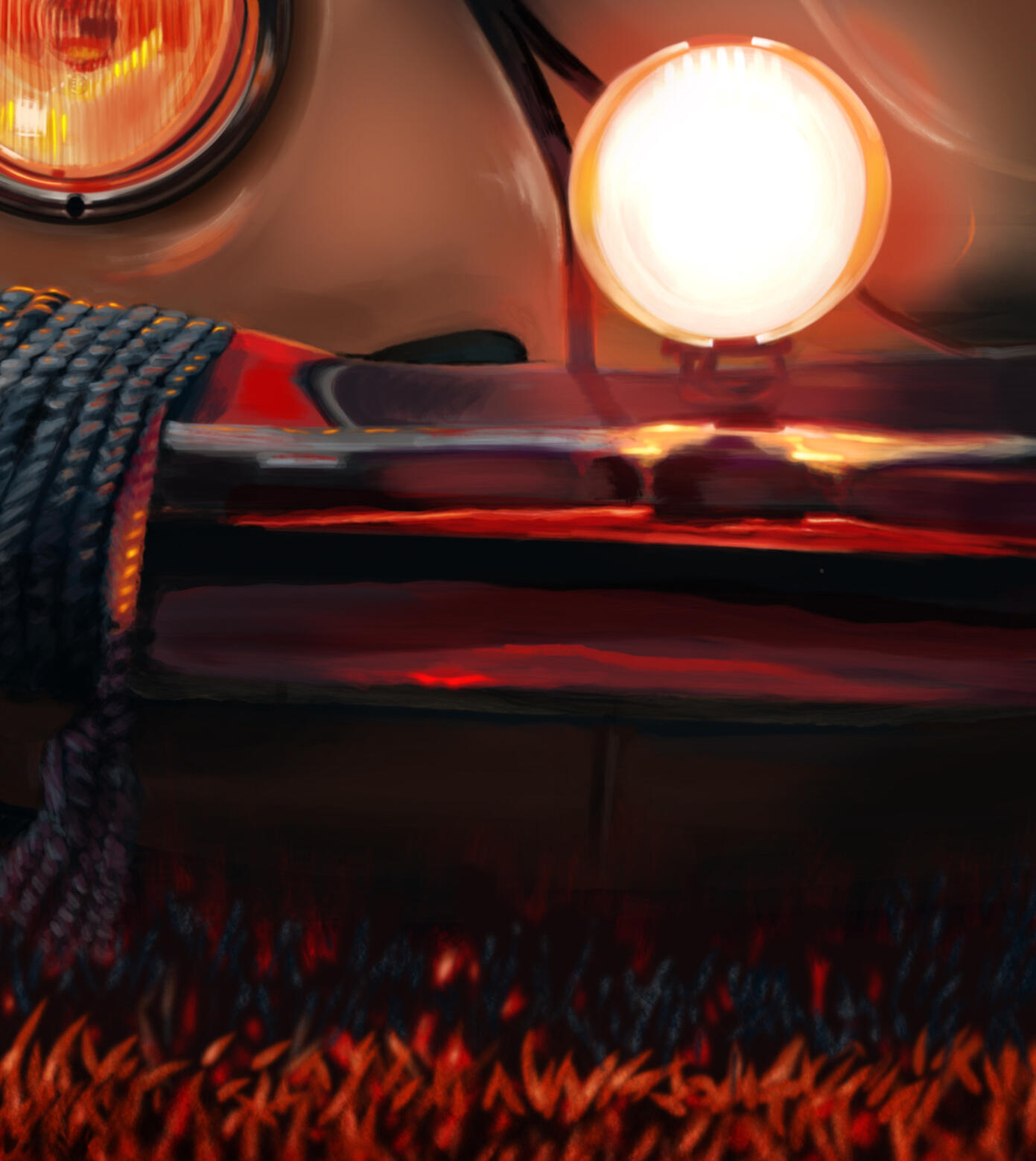 Pintura digital del frontal de un Volkswagen Beetle clásico emergiendo de la penumbra con faros ámbar, obra artística de Isaac Núñez, edición limitada fine art.