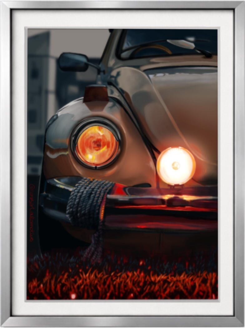 Pintura digital del frontal de un Volkswagen Beetle clásico emergiendo de la penumbra con faros ámbar, obra artística de Isaac Núñez, edición limitada fine art.
