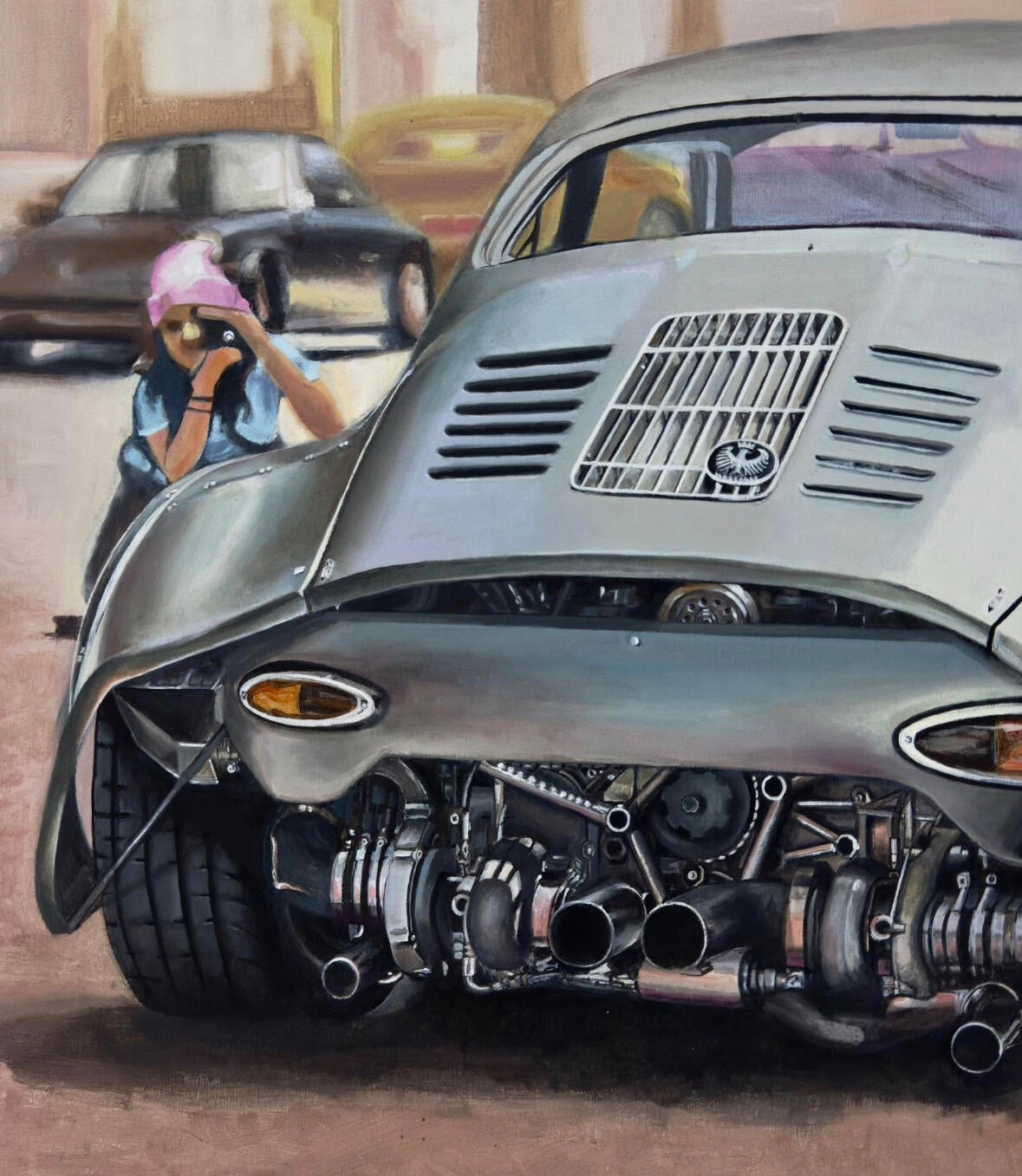 Pintura acrílica de un Porsche 356 RSR de Emory Motorsports. Vista trasera detallando el motor expuesto, escapes y la figura de un fotógrafo. Obra de Isaac Núñez.