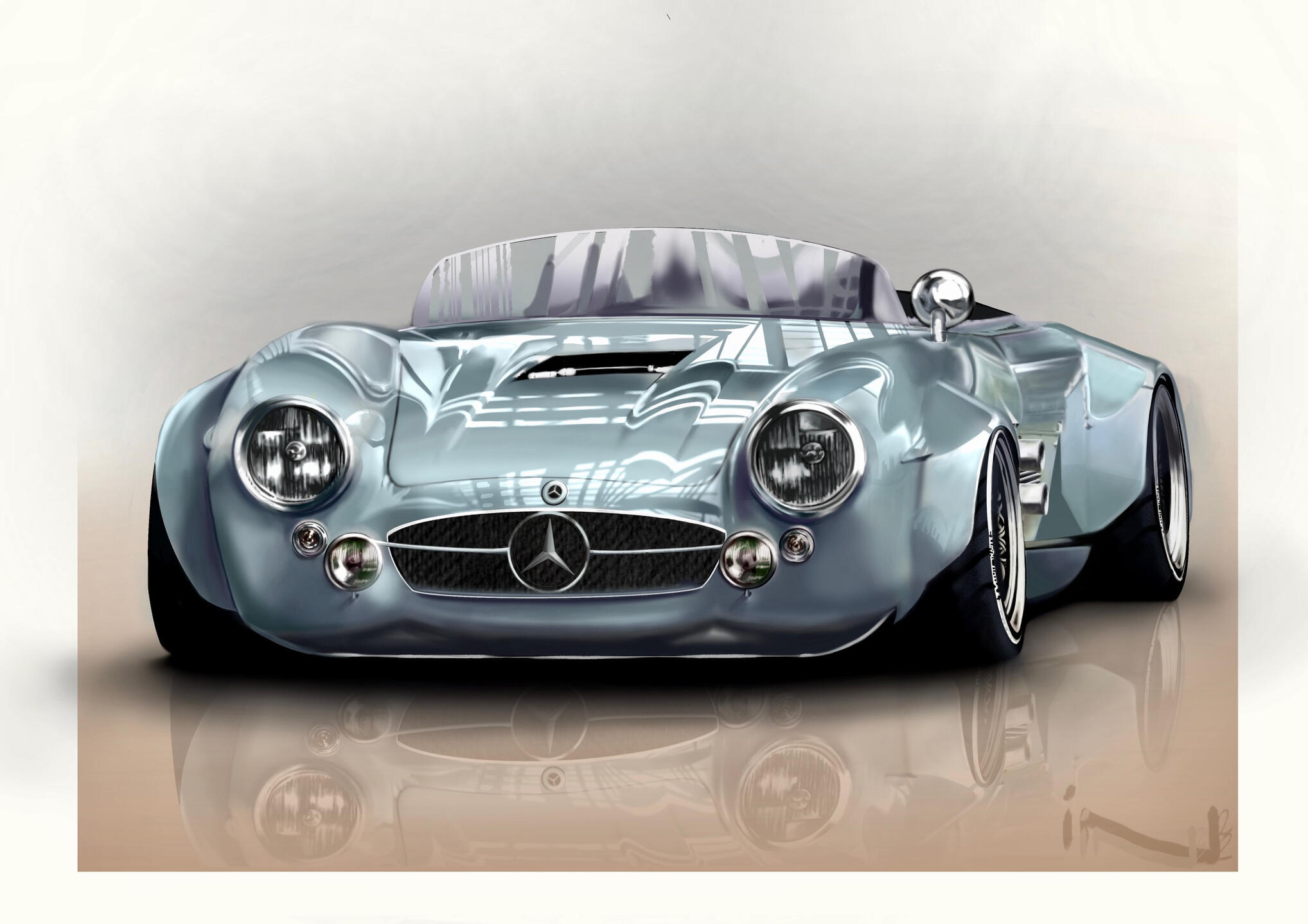 Pintura digital de un Mercedes-Benz 300SL Speedster clásico modificado en tono azul hielo, obra artística de Isaac Núñez, edición limitada fine art
