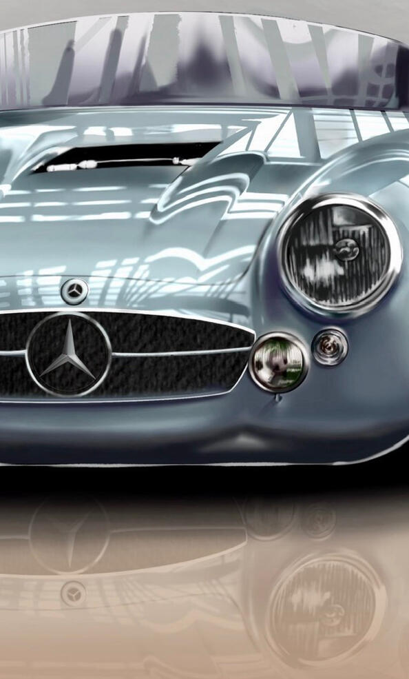 Pintura digital de un Mercedes-Benz 300SL Speedster clásico modificado en tono azul hielo, obra artística de Isaac Núñez, edición limitada fine art