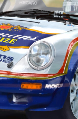 Pintura digital de un clásico Porsche 911 de rally con la icónica decoración de Rothmans en acción, obra artística de Isaac Núñez, edición limitada fine art