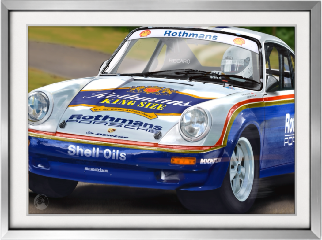 Pintura digital de un clásico Porsche 911 de rally con la icónica decoración de Rothmans en acción, obra artística de Isaac Núñez, edición limitada fine art
