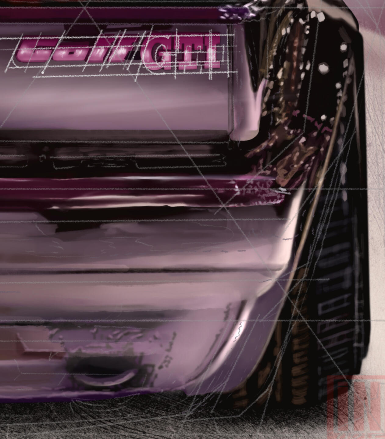 Pintura digital de la vista trasera de un clásico Volkswagen Golf GTI MK2 modificado, obra artística de Isaac Núñez, edición limitada fine art