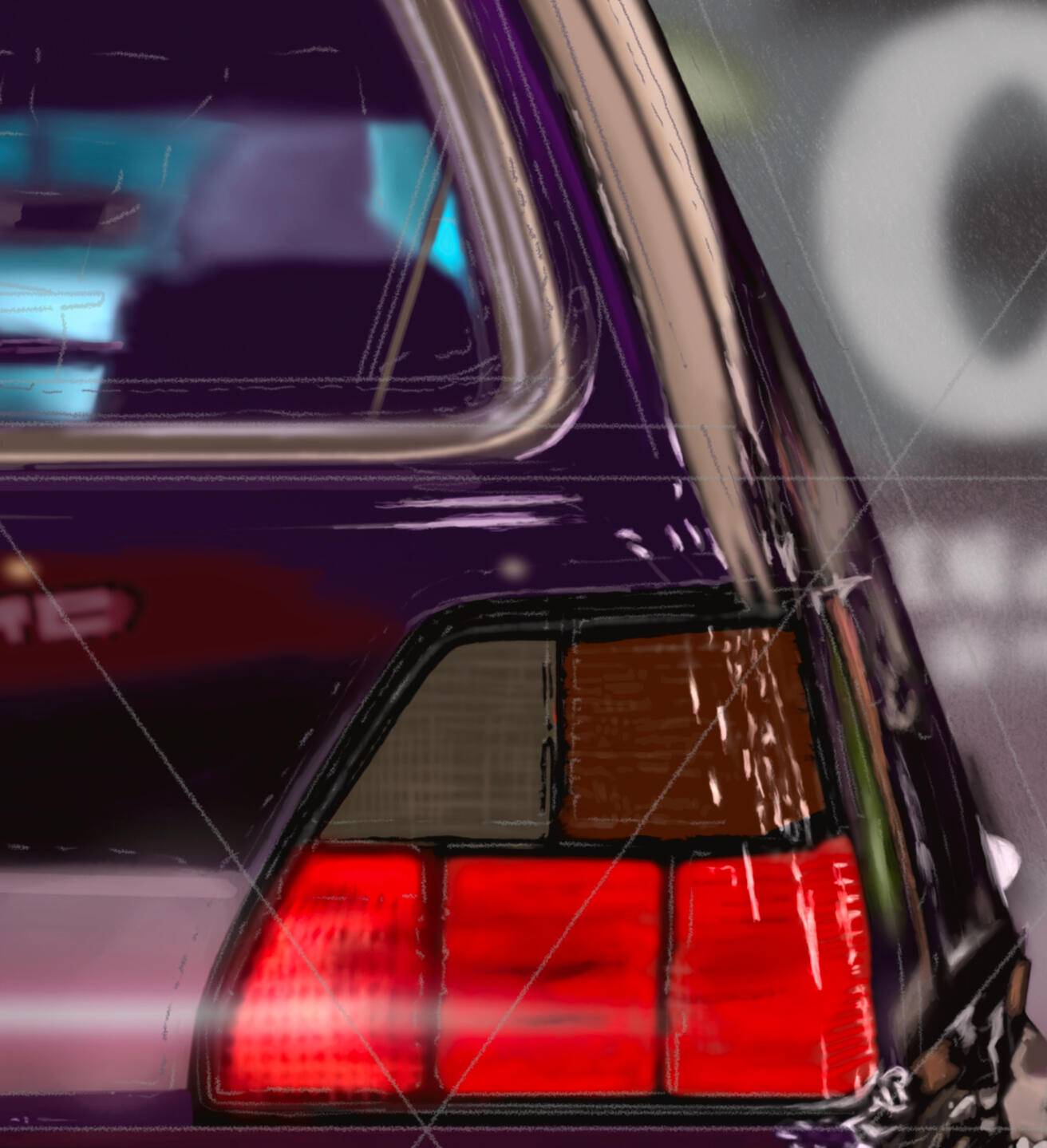 Pintura digital de la vista trasera de un clásico Volkswagen Golf GTI MK2 modificado, obra artística de Isaac Núñez, edición limitada fine art