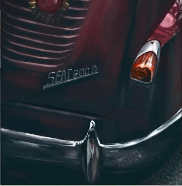 Pintura digital del SEAT 600 D vista trasera derecha, detalles 02, reinterpretación artística del emblema y óptica clásica con enfoque pictórico realista en edición limitada Fine Art