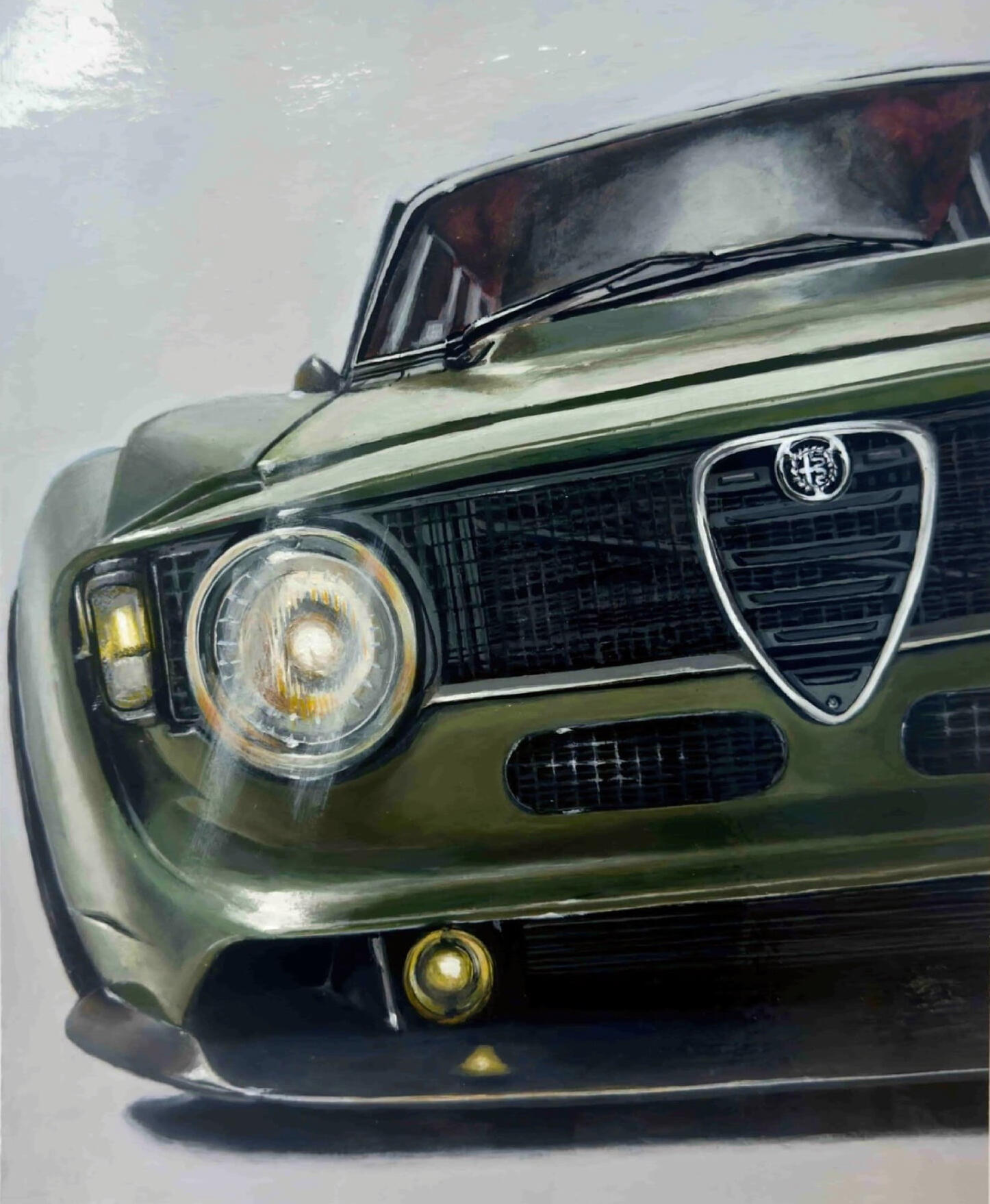 Arte automotriz contemporáneo · Alfa Romeo clásico · Isaac Núñez Pintura de Alfa Romeo clásico en vista frontal · arte automotriz de Isaac Núñez