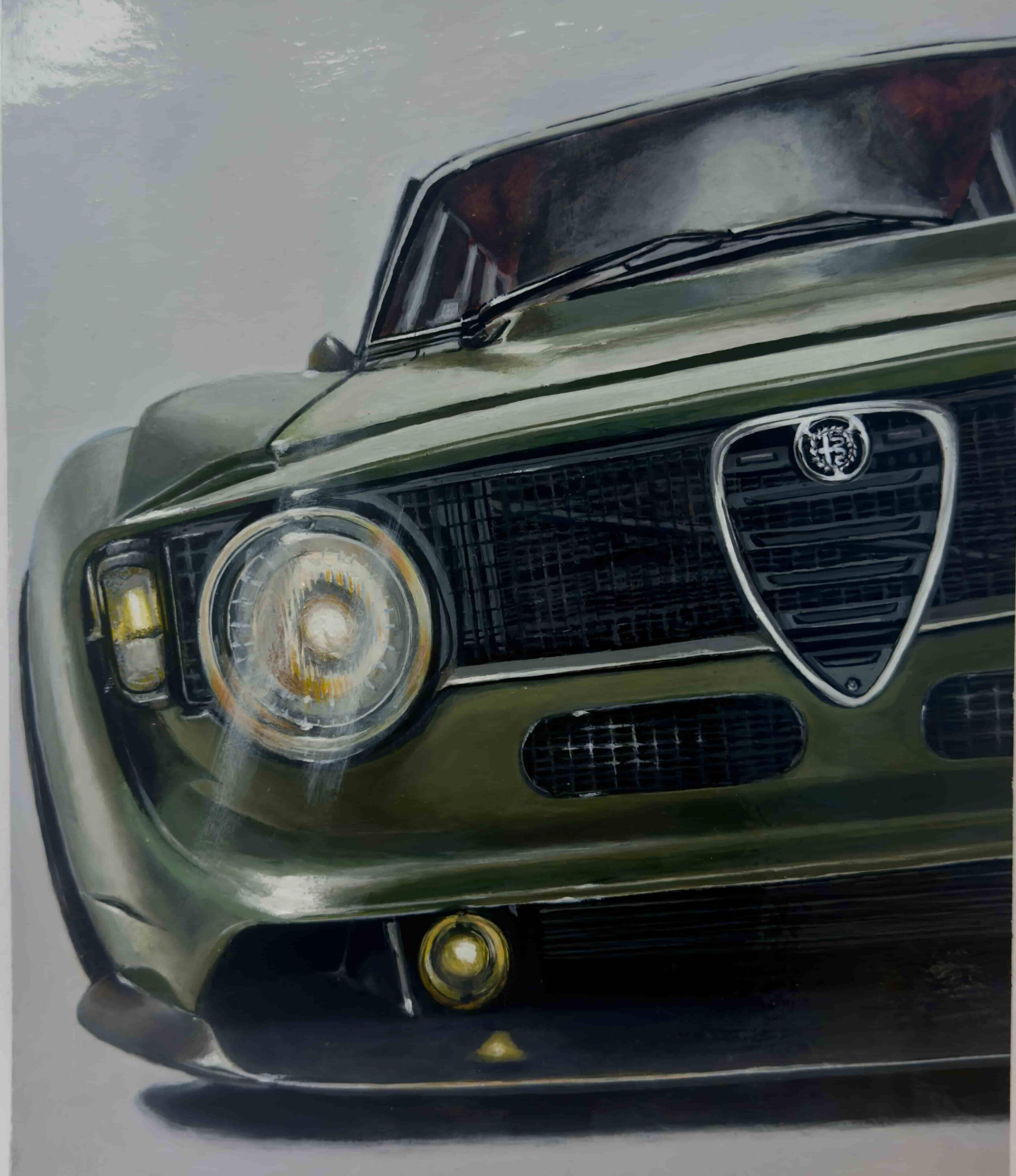 Pintura automotriz contemporánea de Alfa Romeo clásico en vista frontal · obra de Isaac Núñez