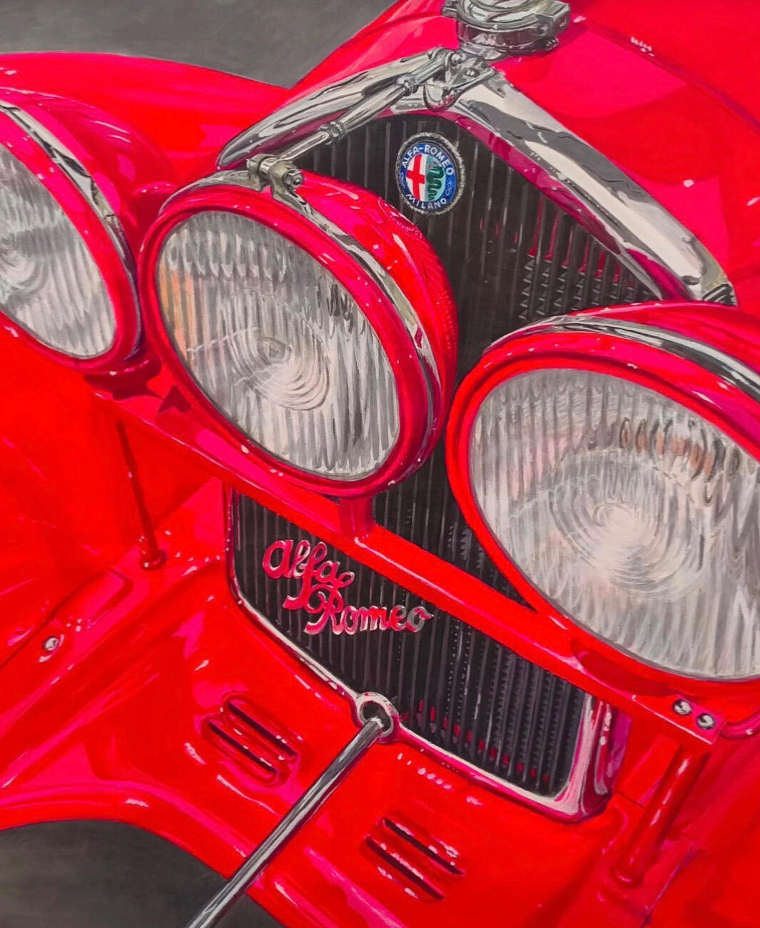 Alfa Romeo 8C 2300 años 30. Acrílico sobre lienzo (80x60cm) Retrato automotriz de frontal Alfa Romeo 8C 2300 años 30, pintura figurativa realista centrada en identidad y presencia del vehículo.