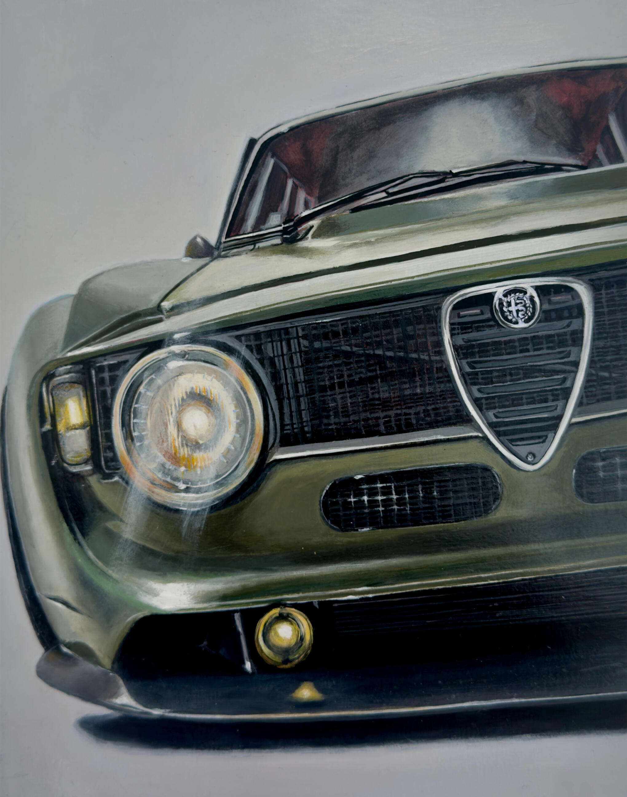 Arte automotriz contemporáneo · Alfa Romeo clásico · Isaac Núñez Pintura automotriz contemporánea de Alfa Romeo clásico en vista frontal · obra de Isaac Núñez