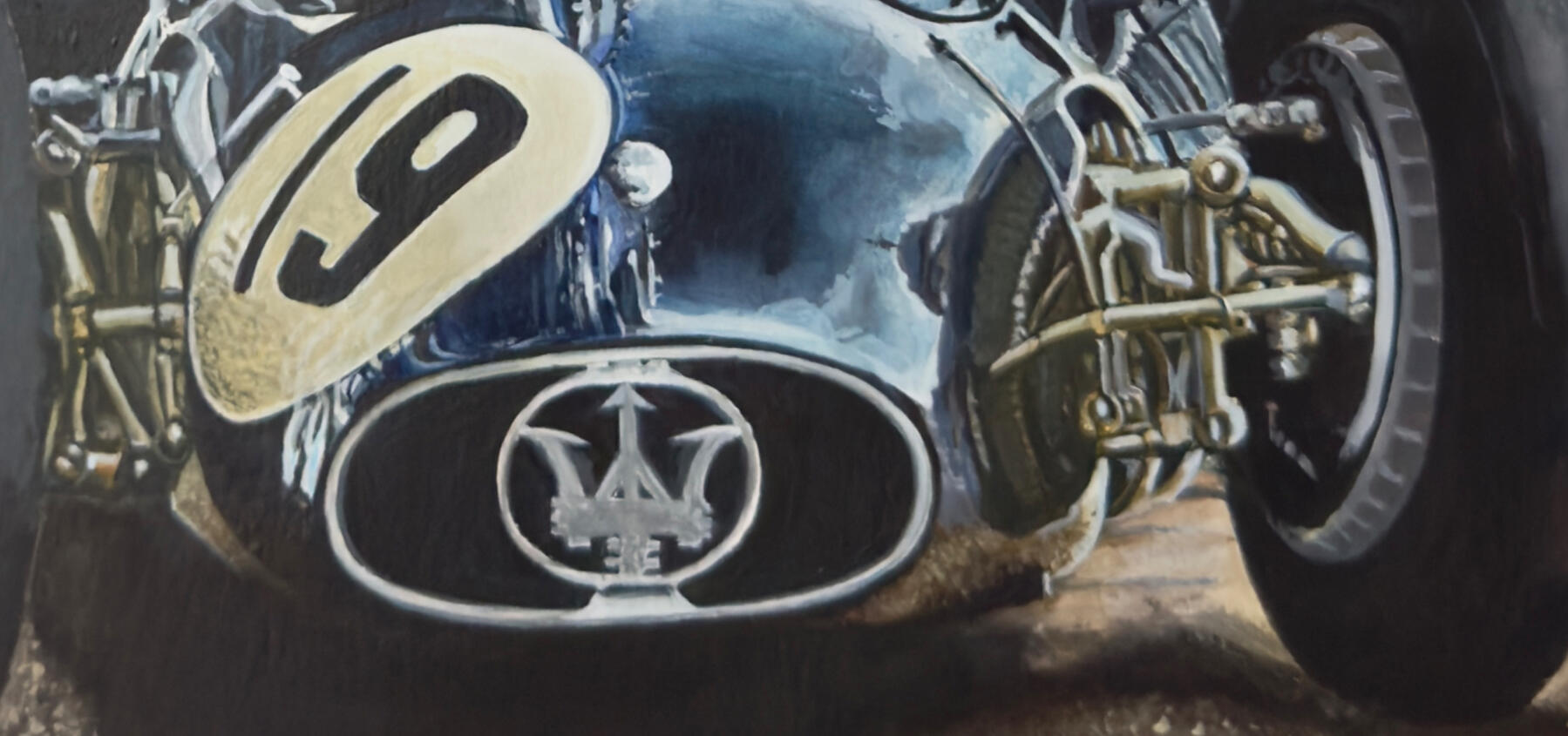 Arte automotriz inspirado en el Maserati 250, modelo mítico de las grandes carreras en los 50. Técnica: acrílico sobre lienzo · Formato: 297X420mm