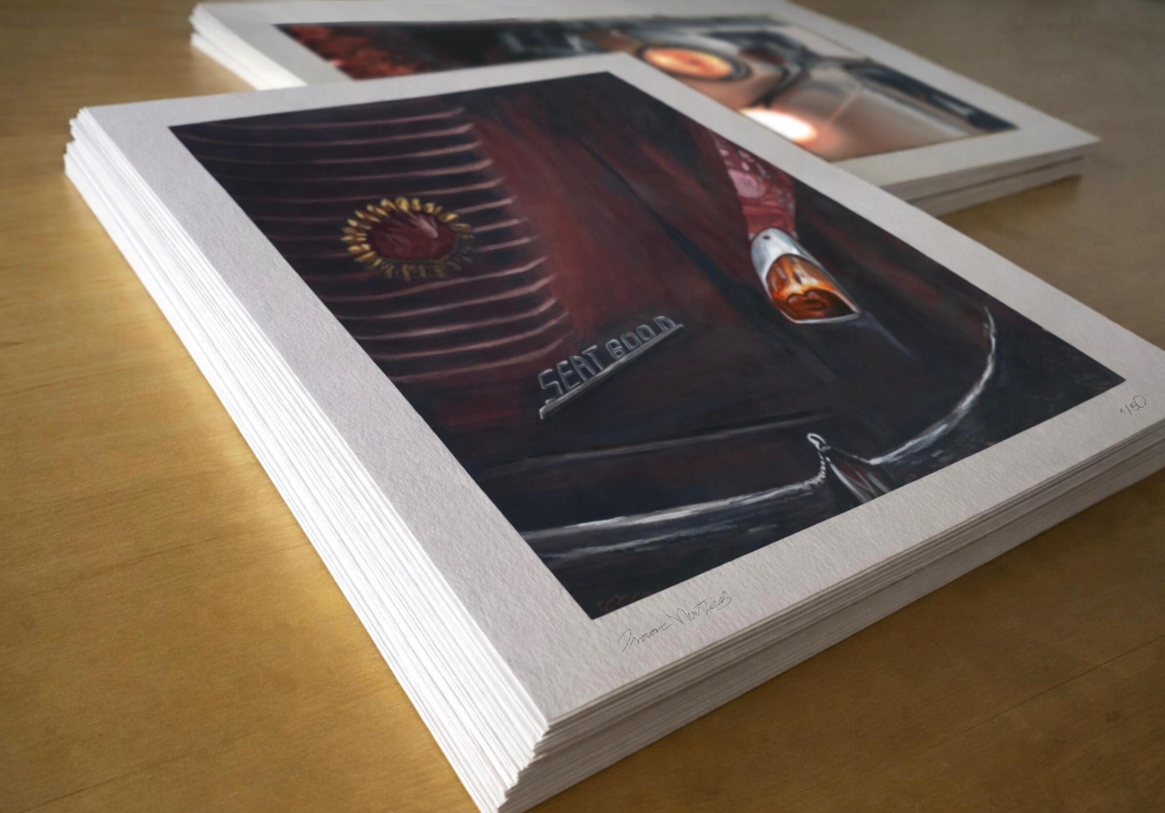 Arte automotriz del SEAT 600, pintura digital realista que representa la memoria colectiva y la historia de la automoción española.